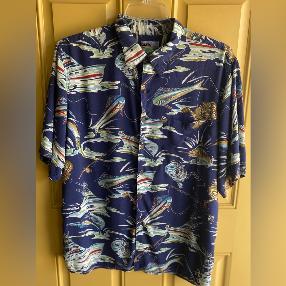 Reyn Spooner rayon men’s vintage Navy Fishing Lure Shirt button up